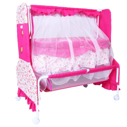 Cradle with Swing, Mosquito Net and Storage Basket (Pink)