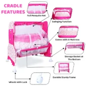 Cradle with Swing, Mosquito Net and Storage Basket (Pink) - Image 2