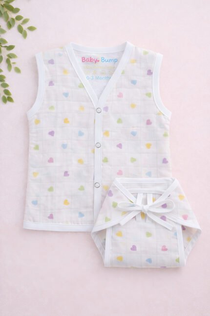 Muslin Front Open Jabla & Nappy (Single) - Little Hearts