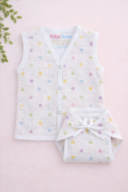 Muslin Front Open Jabla & Nappy (Single) - Little Hearts