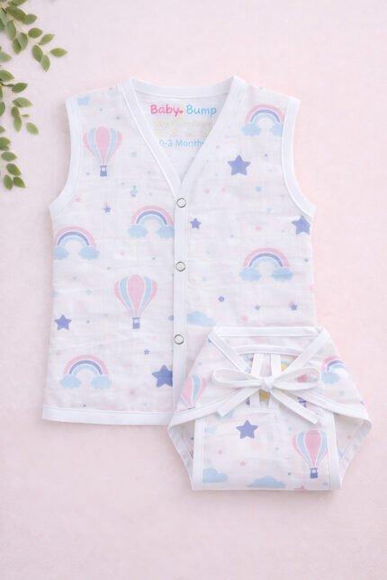 Muslin Front Open Jabla & Nappy (Single) - Air Balloons