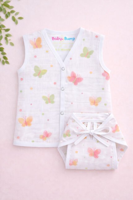 Muslin Front Open Jabla & Nappy (Single) - Blush Wings