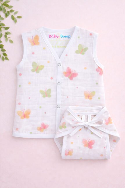 Muslin Front Open Jabla & Nappy (Single) - Blush Wings