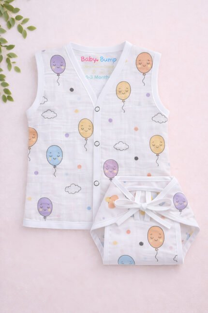 Muslin Front Open Jabla & Nappy (Single) - Happy Balloons