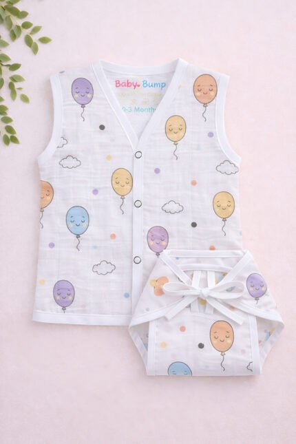 Muslin Front Open Jabla & Nappy (Single) - Happy Balloons