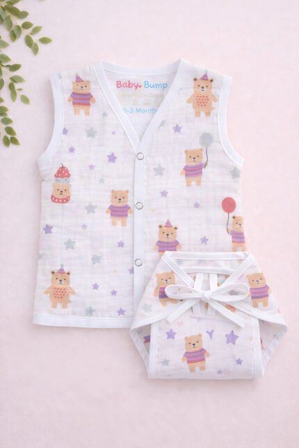 Muslin Front Open Jabla & Nappy (Single) - Teddy Bear