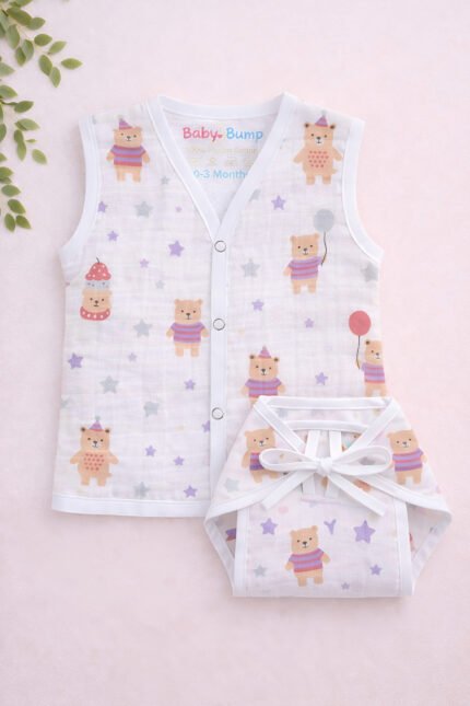 Muslin Front Open Jabla & Nappy (Single) - Teddy Bear