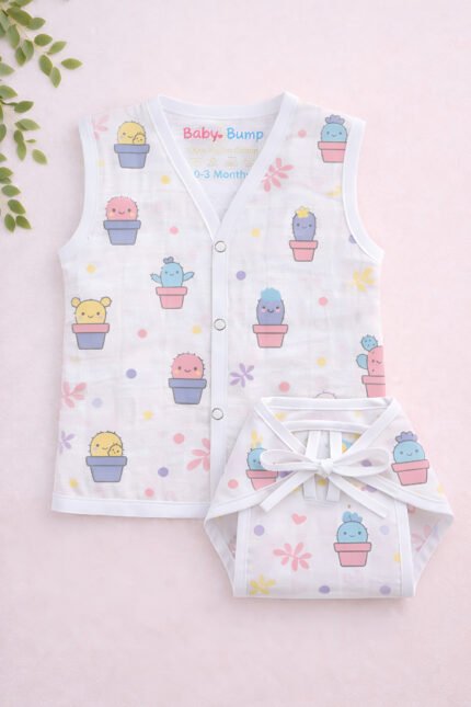 Muslin Front Open Jabla & Nappy (Single) - Smiley Cactus