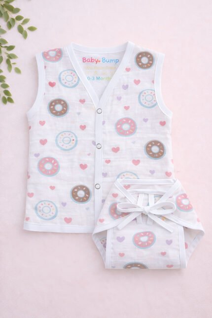 Muslin Front Open Jabla & Nappy (Single) - Doughnuts