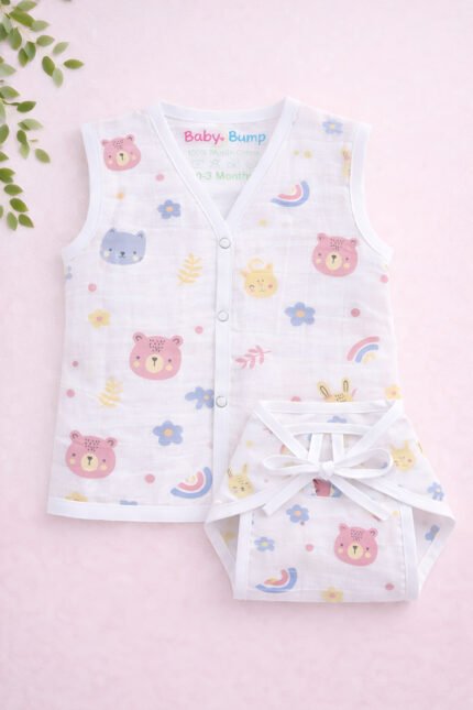 Muslin Front Open Jabla & Nappy (Single) - Bunny Bear