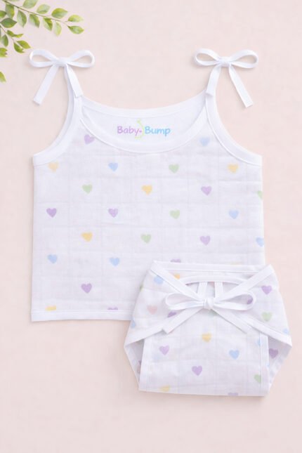 Muslin Strap Knot Jabla & Nappy (Single) - Little Hearts