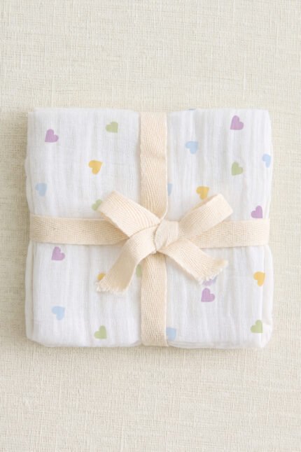 Muslin Single Layer Baby Bath Towel  - Little Hearts