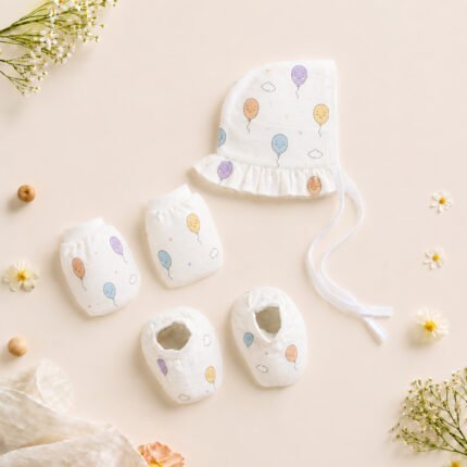 Muslin Cap Mitten Booty Set - Happy Balloons