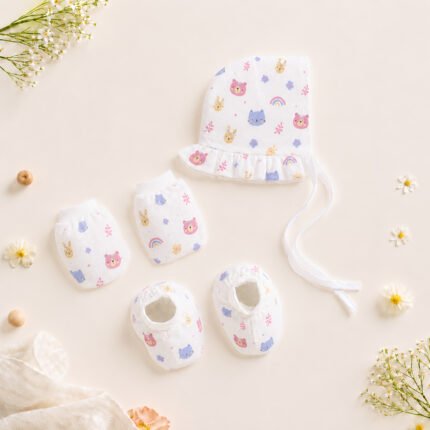 Muslin Cap Mitten Booty Set - Bunny Bear