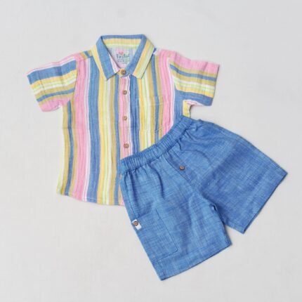 Crinkled Muslin Shirt-Shorts Set - Balanced Stripe