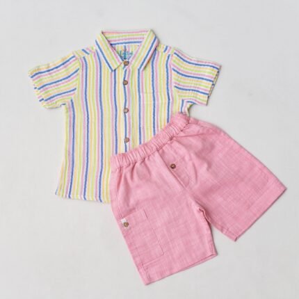 Crinkled Muslin Shirt-Shorts Set - Candy Stripe
