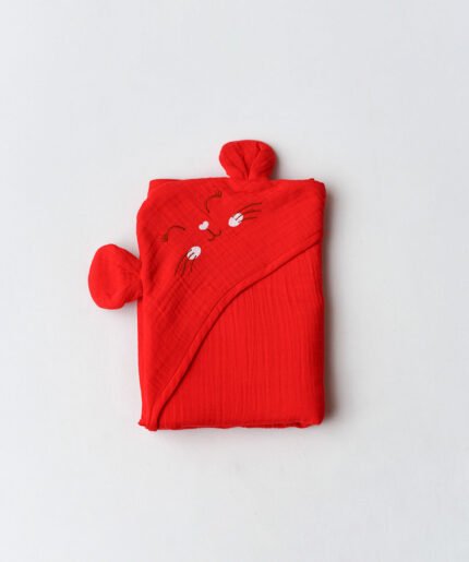 Muslin Bubble Crinkled Hooded Blanket - Carmine  (Kitty)