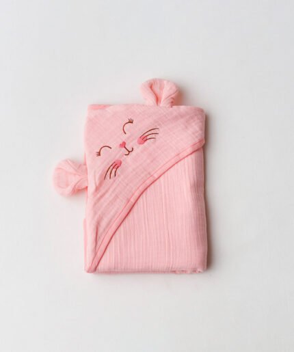 Muslin Bubble Crinkled Hooded Blanket - Flamingo Pink (Kitty)