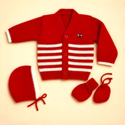 Newborn Woollen Front Open Sweater - Stripes - Red