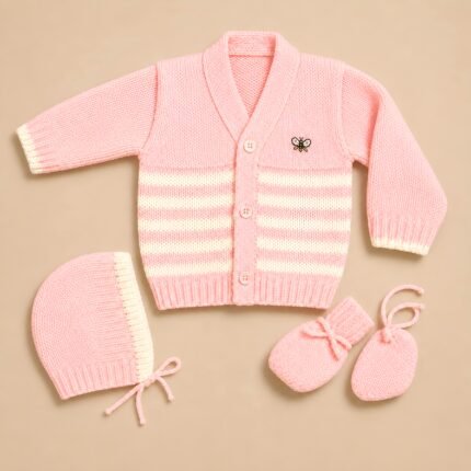 Newborn Woollen Front Open Sweater - Stripes - Pink