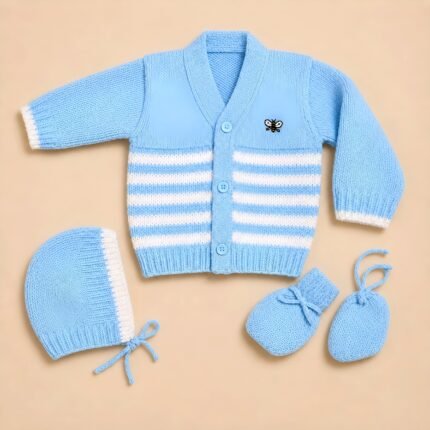 Newborn Woollen Front Open Sweater - Stripes - Blue
