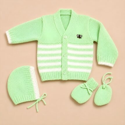 Newborn Woollen Front Open Sweater - Stripes - Green