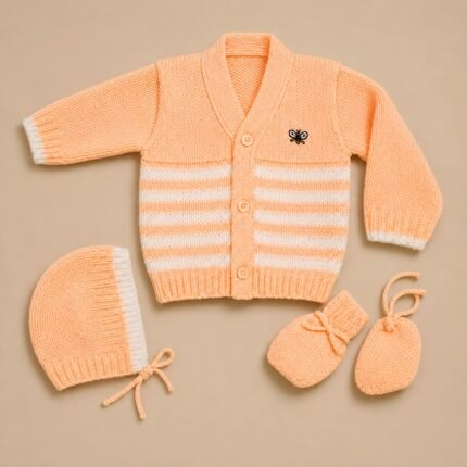Newborn Woollen Front Open Sweater - Stripes - Orange