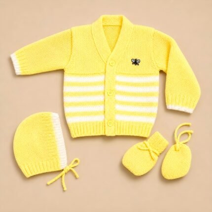 Newborn Woollen Front Open Sweater - Stripes - Yellow