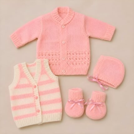Newborn Woollen Full Sleve Sweater & Sleeve less Vest Set - Pink