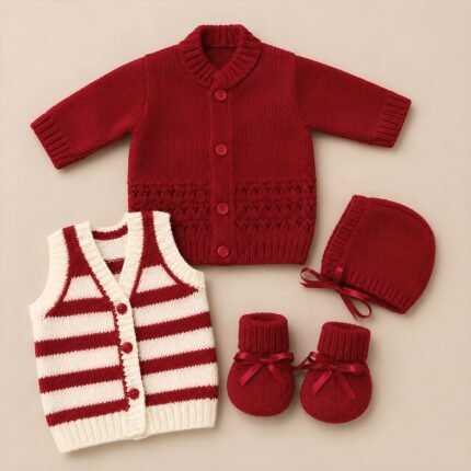 Newborn Woollen Full Sleve Sweater & Sleeve less Vest Set - Red