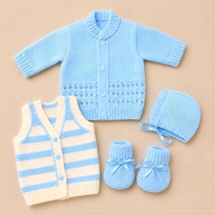 Newborn Woollen Full Sleve Sweater & Sleeve less Vest Set  - Blue