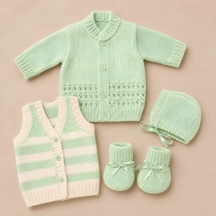 Newborn Woollen Full Sleve Sweater & Sleeve less Vest Set  - Green