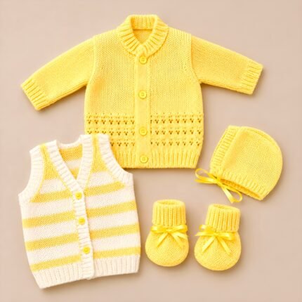 Newborn Woollen Full Sleve Sweater & Sleeve less Vest Set - Yellow