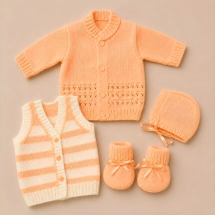 Newborn Woollen Full Sleve Sweater & Sleeve less Vest Set - Orange