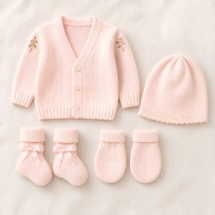 Newborn Woollen Sweater Set with Cap, Mittens & Booties -Pink