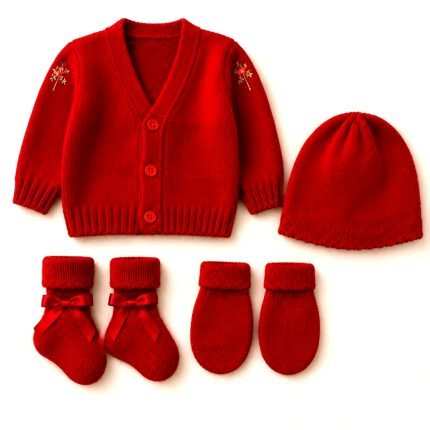 Newborn Woollen Sweater Set with Cap, Mittens & Booties - Red