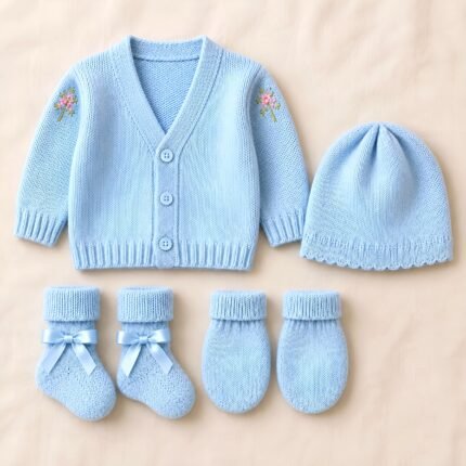 Newborn Woollen Sweater Set with Cap, Mittens & Booties -Blue