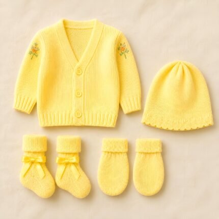 Newborn Woollen Sweater Set with Cap, Mittens & Booties -Yellow