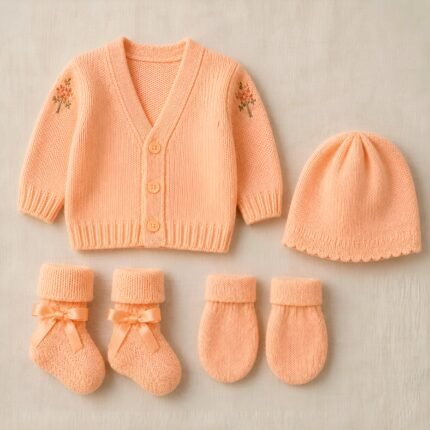 Newborn Woollen Sweater Set with Cap, Mittens & Booties - Orange
