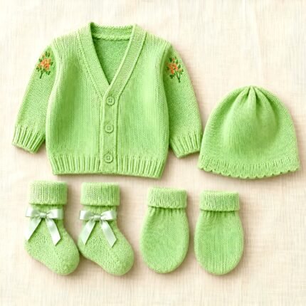 Newborn Woollen Sweater Set with Cap, Mittens & Booties - Green
