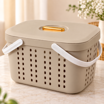 Premium Maternity Organiser Basket with Lid & Handles - Beige
